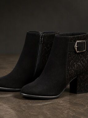 Elegant Black Suede Ankle Booties with Buckle Accent
